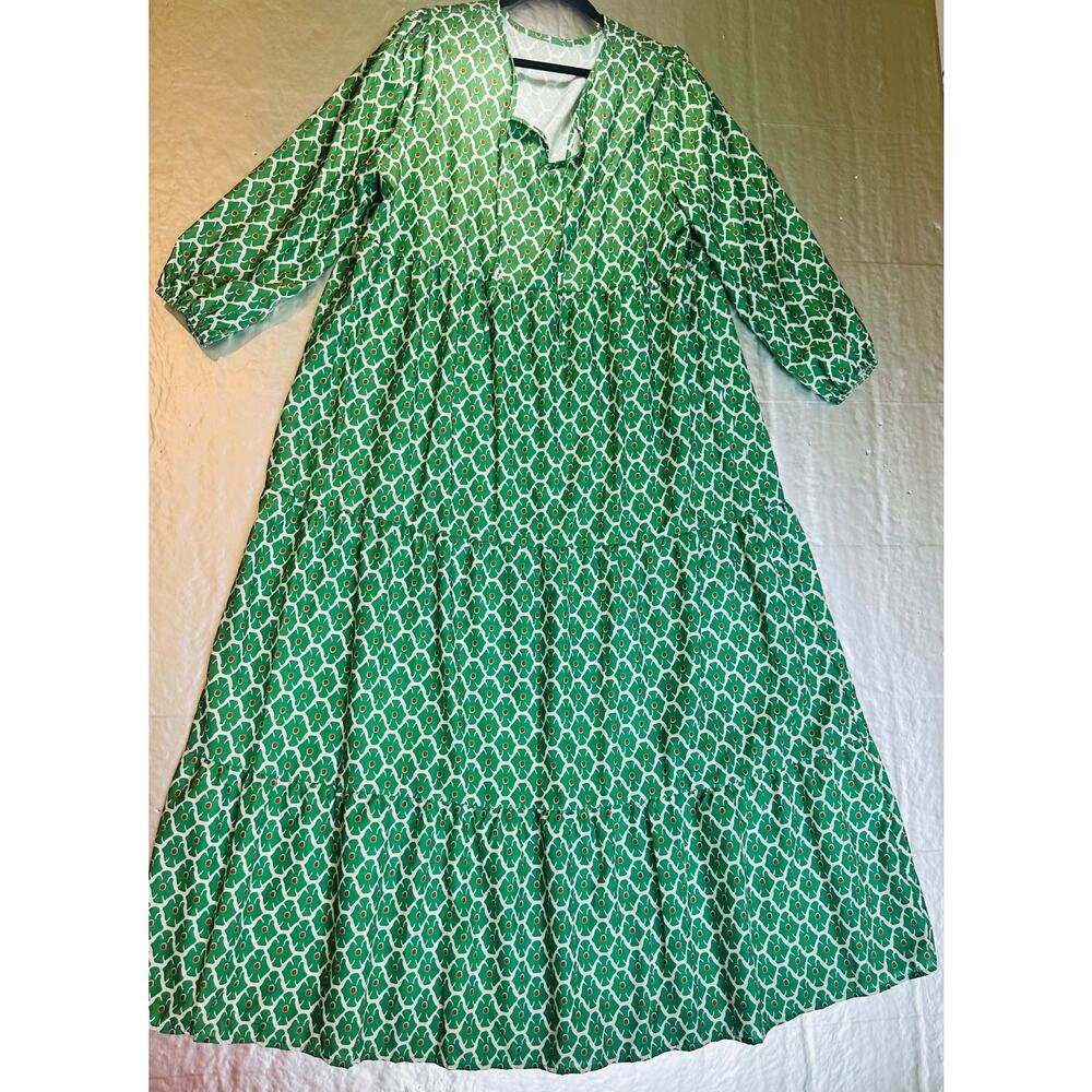 2X Green Geometric Maxi Dress Bubble Sleeve Tiered Boho Plus Size - Picture 1 of 12